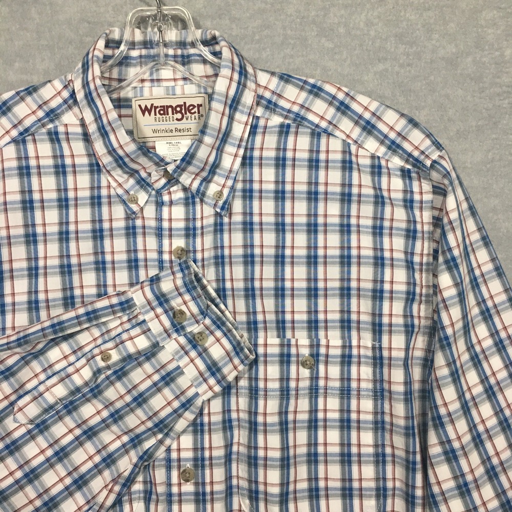 Wrangler Rugged Wear L Wrinkle Resist Shirt Blue White Red Long Sleeve Light